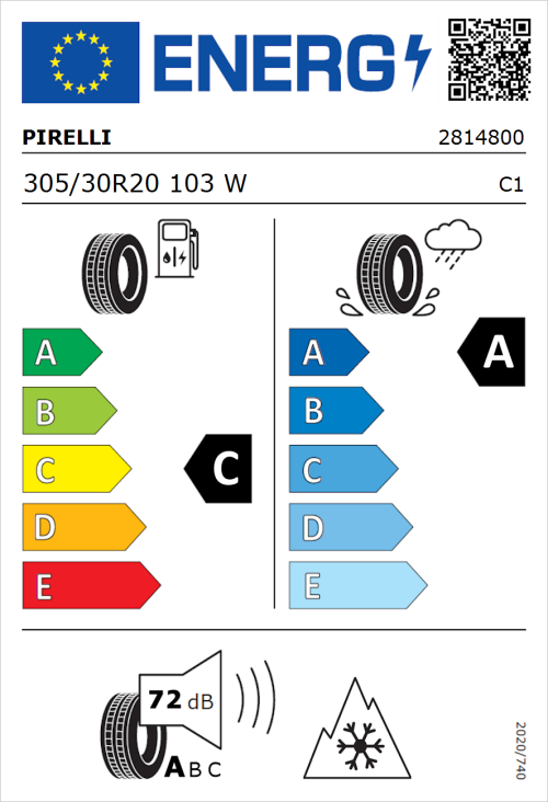 Tyre Label for Pirelli W270 Sottozero 2 305/30R20 103W