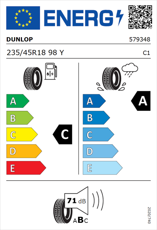 Tyre Label for Dunlop SP Sport Maxx RT 2 235/45R18 98Y