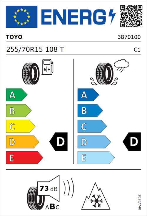 Tyre Label for Toyo Open Country ATIII 255/70R15 108T