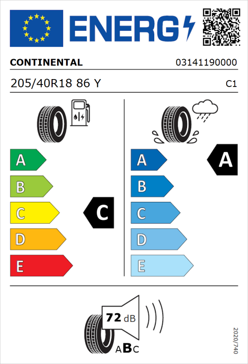 Tyre Label for Continental Premium Contact 7 205/40R18 86Y