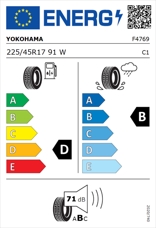Tyre Label for Yokohama V105 225/45R17 91W