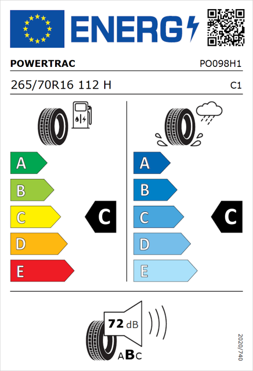 Tyre Label for Powertrac City Rover 265/70R16 112H