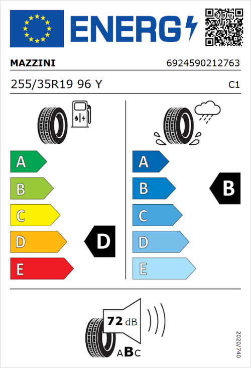 Tyre Label for Mazzini Eco 607 255/35R19 96Y